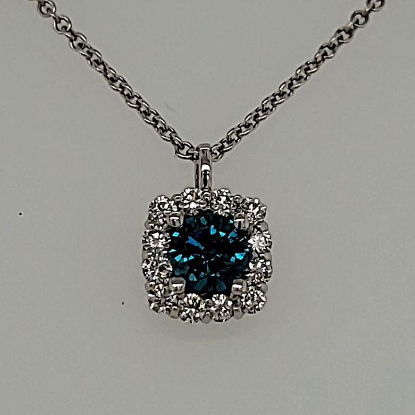 DIAMOND PENDANT | 14 KARAT | HALO | ENHANCED BLUE DIAMOND Van Scoy Jewelers Wyomissing, PA