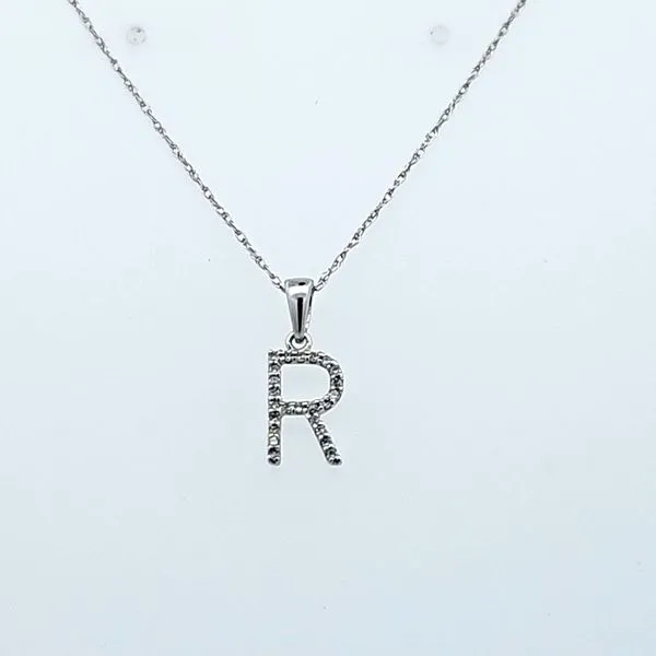 14K White Gold Diamond Initial Pendant - Letter R, 0.07 C...