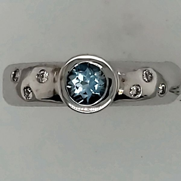 GEMSTONE RING | AQUAMARINE | AQUAMARINE AND DIAMOND | 14 KARAT WHITE GOLD | BEZEL SET CONTEMPORARY Van Scoy Jewelers Wyomissing, PA