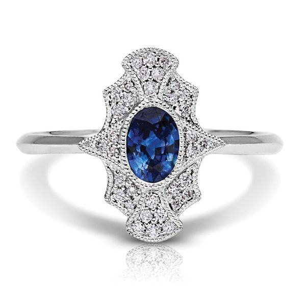 GEMSTONE RING | BLUE SAPPHIRE | SAPPHIRE AND DIAMOND | 14 KARAT WHITE GOLD | VINTAGE INSPIRED Van Scoy Jewelers Wyomissing, PA