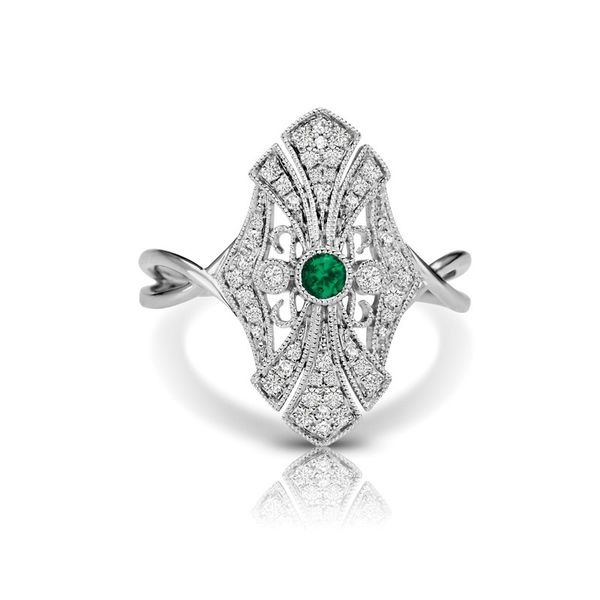 GEMSTONE RING | EMERALD | EMERALD AND DIAMOND | 14 KARAT WHITE GOLD | VINTAGE INSPIRED Van Scoy Jewelers Wyomissing, PA