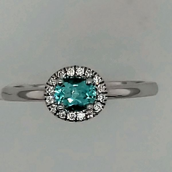 GEMSTONE RING | PARAIBA TOURMALINE | PARAIBA AND DIAMOND RING | HALO | 14 KARAT WHITE GOLD Van Scoy Jewelers Wyomissing, PA