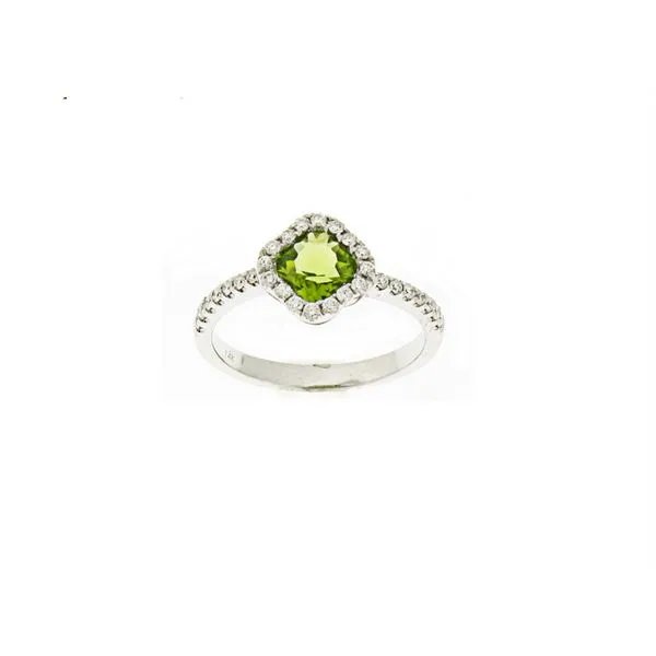 GEMSTONE RING| PERIDOT | PERIDOT AND DIAMOND | 14 KARAT WHITE GOLD | HALO SETTING Van Scoy Jewelers Wyomissing, PA