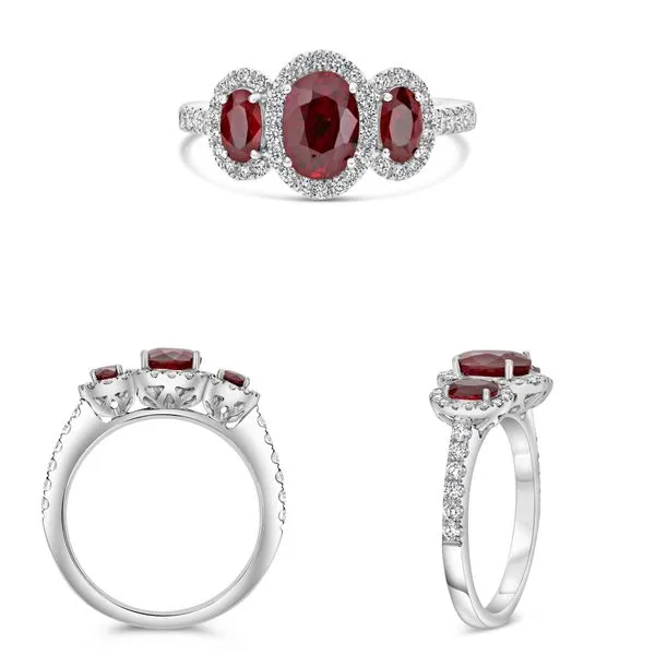 RUBY RING | RUBY & DIAMOND | THREE STONE WITH HALO Image 2 Van Scoy Jewelers Wyomissing, PA