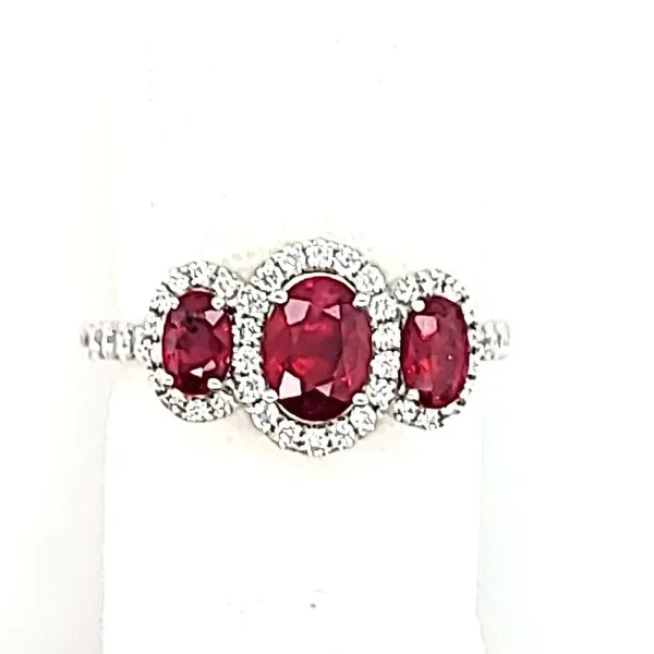 RUBY RING | RUBY & DIAMOND | THREE STONE WITH HALO Van Scoy Jewelers Wyomissing, PA