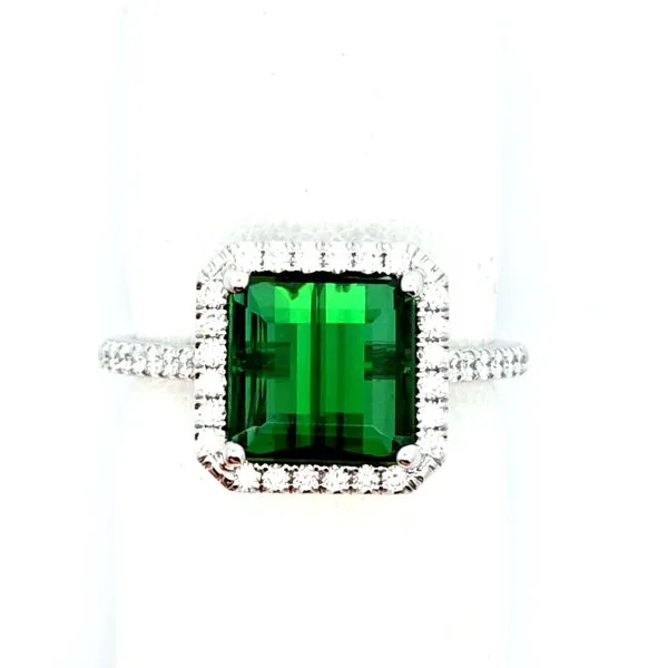 14 KARAT WHITE GOLD RING WITH 3.54 CARAT EMERALD SHAPED GREEN TOURMALINE SURROUNDED BY 0.31 CARAT IN DIAMONDS. Van Scoy Jewelers Wyomissing, PA