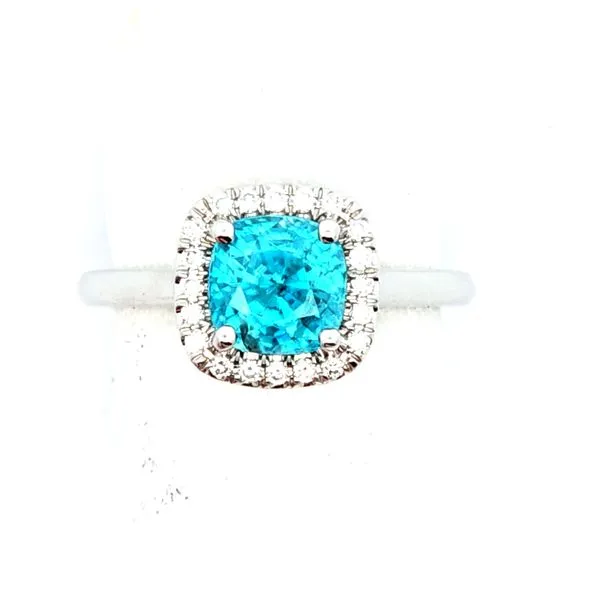 14 KARAT WHITE GOLD RING WITH ONE 3.28 CARAT BLUE ZIRCON AND 0.15 CARAT TOTAL WEIGHT IN DIAMONDS Van Scoy Jewelers Wyomissing, PA