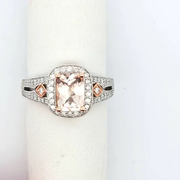 Exquisite 14K White Gold Morganite & Diamond Fashion Ring with Rose Gold Accents | 0.95ct Cushion Morganite & 0.29ctw Round Diam Van Scoy Jewelers Wyomissing, PA