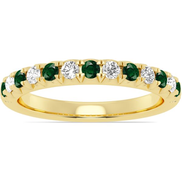 14K Yellow Gold Diamond & Emerald Fishtail Anniversary Band | 2.2mm Wedding Ring Van Scoy Jewelers Wyomissing, PA