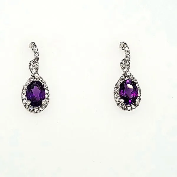 Glimmering Aura: White Gold Amethyst Oval Halo Diamond Dangle Earrings Van Scoy Jewelers Wyomissing, PA