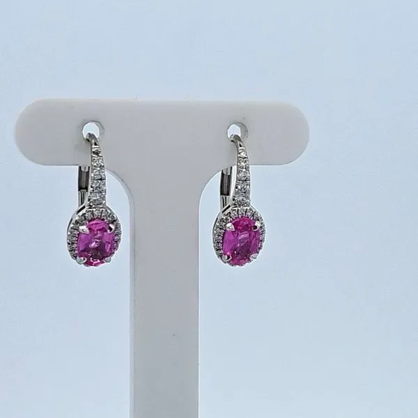 18 KARAT WHITE GOLD PINK SAPPHIRE AND DIAMOND LEVERBACK E...
