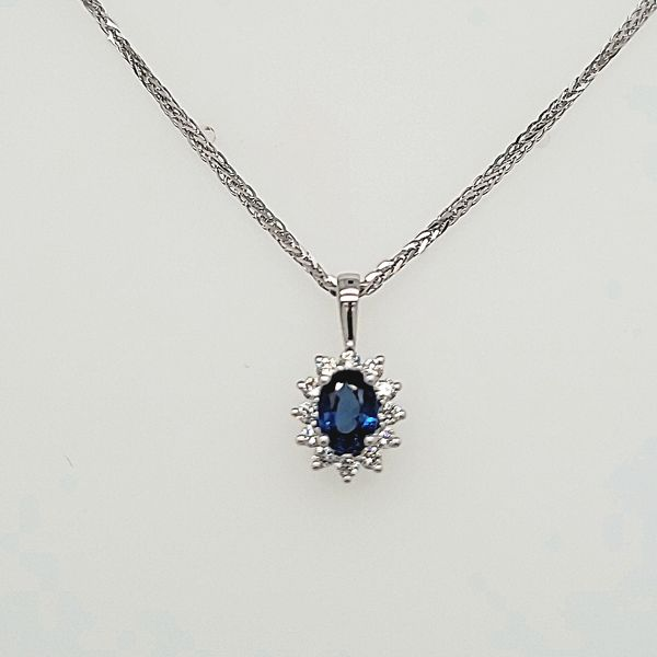 Sapphire & Diamond Pendant | 14 Karat White Gold Halo Pendant Van Scoy Jewelers Wyomissing, PA