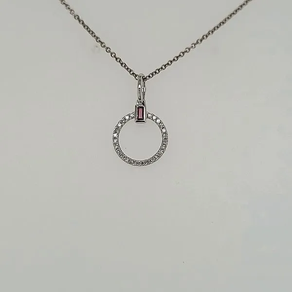 Diamond Circle Pendant featuring a baguette ruby Van Scoy Jewelers Wyomissing, PA