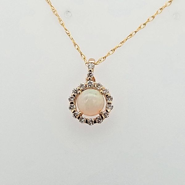 Ethiopian Opal Radiance: 14 Karat Yellow Gold Pendant with Diamond Accents Van Scoy Jewelers Wyomissing, PA