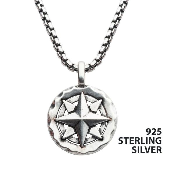925 Silver Oxidized Compass Pendant with Box Chain, 20-22