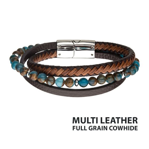 Chrysocolla Beads with Brown Full Grain Cowhide Leather Layered Bracelet, 8-8.5