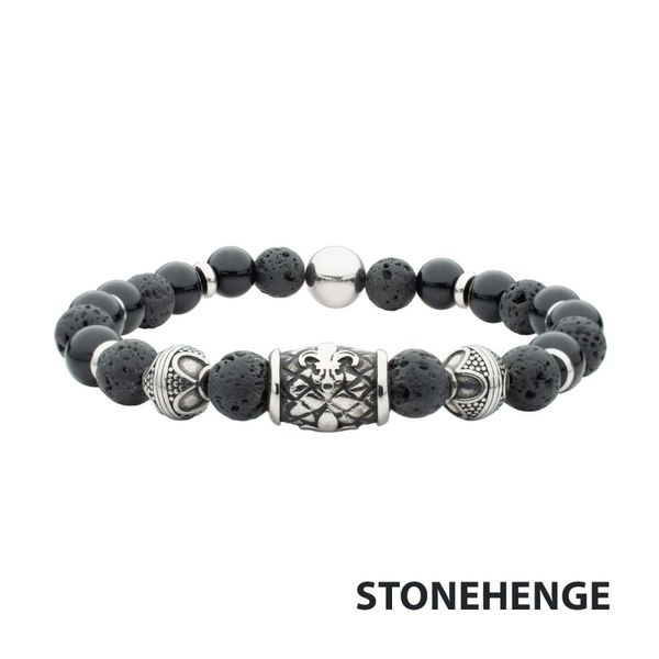 Men's Black Onyx & Lava Stone Bracelet with Fleur-de-Lis Steel Bead Van Scoy Jewelers Wyomissing, PA