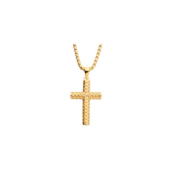 Men's 18K Gold IP Scale Cross Drop Pendant with Box Chain Van Scoy Jewelers Wyomissing, PA