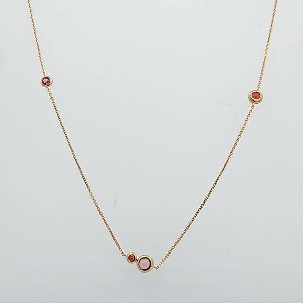 14 Karat Yellow Gold By The Yard Necklace with Garnet and Pink Tourmaline Van Scoy Jewelers Wyomissing, PA