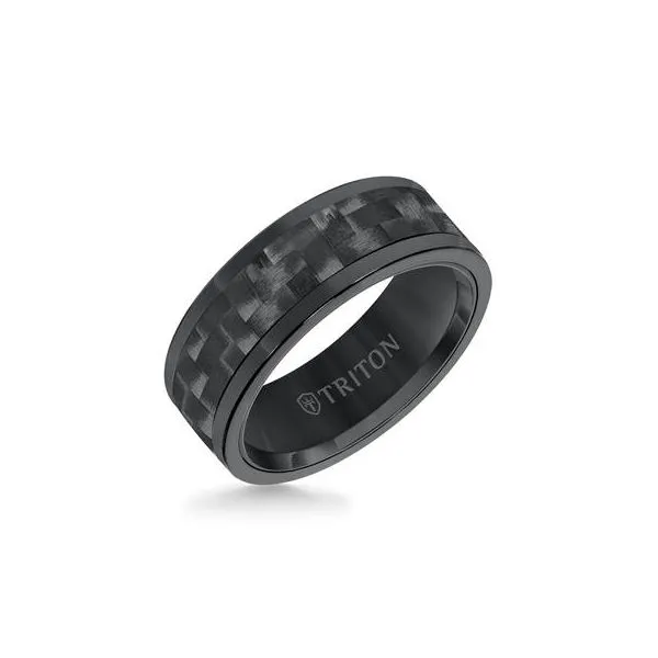 8mm Rose Tungsten Wedding Band – Black Carbon Fiber Center & Flat Edge | Size 10 Van Scoy Jewelers Wyomissing, PA