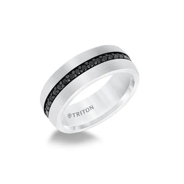 8mm White Tungsten Wedding Band – Dome Round Edge with Black Sapphires | Size 10 Van Scoy Jewelers Wyomissing, PA