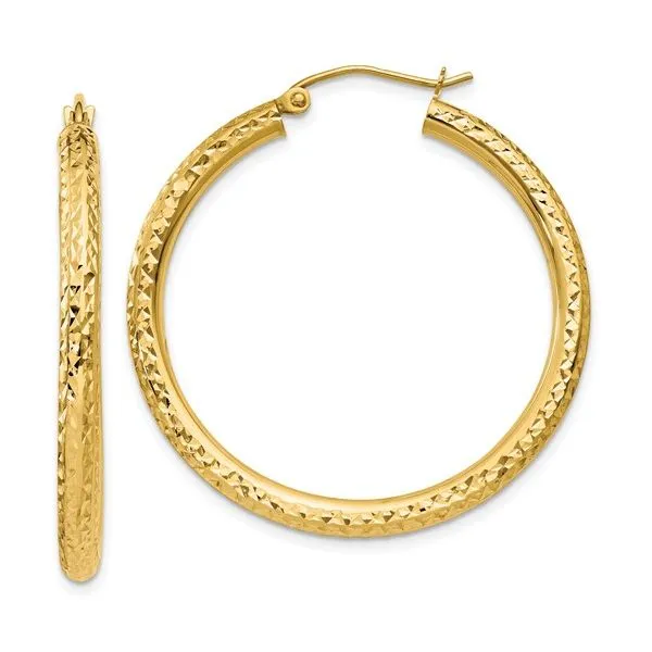 14K Yellow Gold 3x35 mm Crystal Cut Hoop Earrings - Elega...