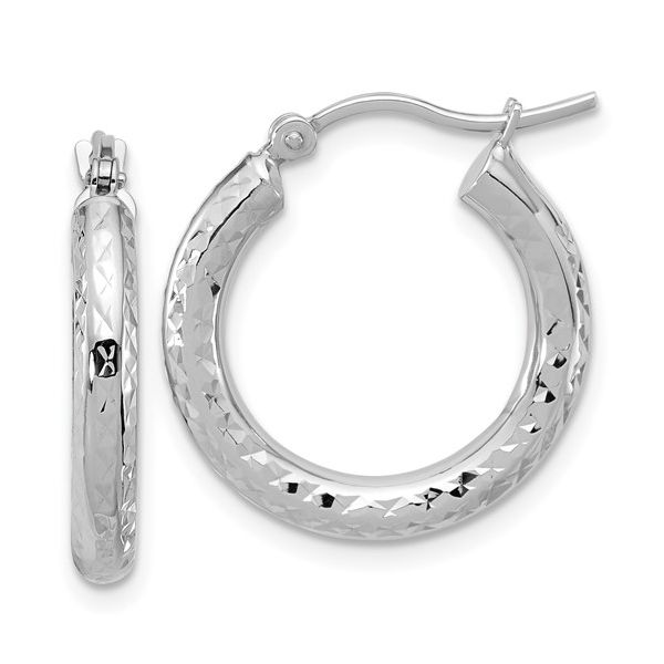 14K White Gold Diamond-Cut 3mm Round Hoop Earrings Timeless Jewelry
