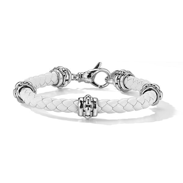JAI Sterling Silver 6mm Woven White Leather & Box Chain Bracelet – Size M Van Scoy Jewelers Wyomissing, PA
