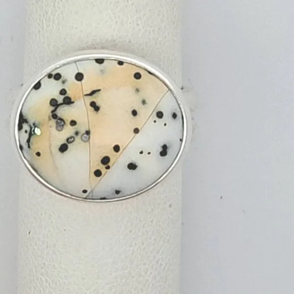 Patti Page Handmade Sterling Silver Earrings with Dalmatian Opal | Size 8 1/2 Van Scoy Jewelers Wyomissing, PA