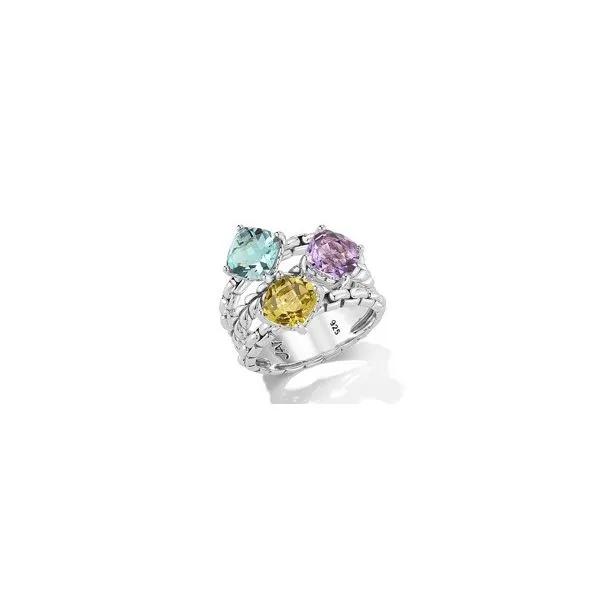 JAI by John Hardy Sterling Silver Modern Artisan Multi-Gemstone Sea Ring with Blue Topaz, Amethyst, and Olive Quartz, Size 7 Van Scoy Jewelers Wyomissing, PA