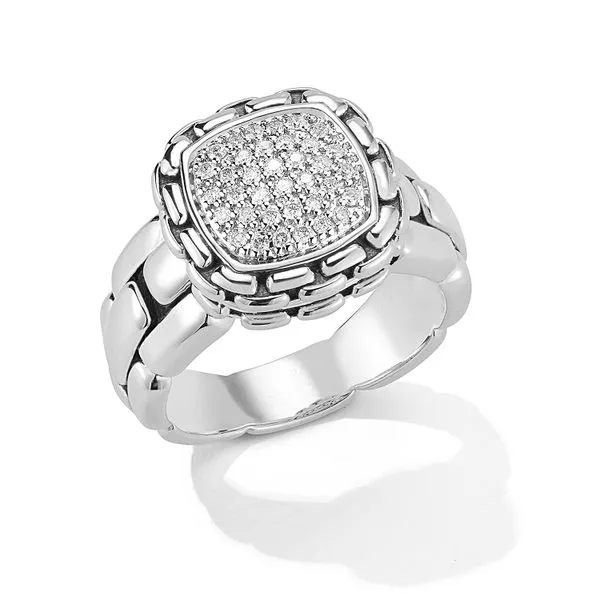 JAI by John Hardy Sterling Silver Diamond Pave Cushion Ring with Origin Chain Pattern, Size 7 Van Scoy Jewelers Wyomissing, PA