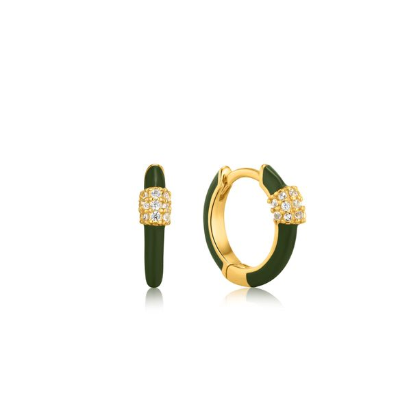 ANIA HAIE FOREST GREEN ENAMEL CARABINER GOLD PLATED HUGGIE HOOP EARRINGS Van Scoy Jewelers Wyomissing, PA