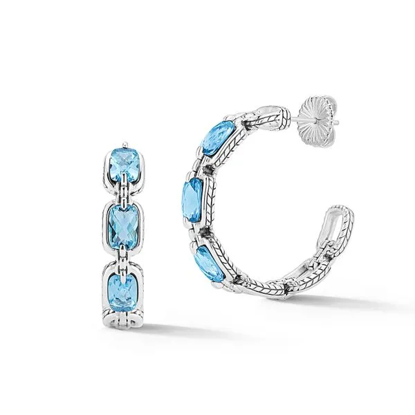 JAI by John Hardy Sterling Silver Statement Link & Origin Chain Gemstone Hoop Earrings with 6x4mm Cushion Blue Topaz Van Scoy Jewelers Wyomissing, PA