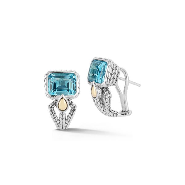 JAI Sterling Silver & 14K Emerald Cut Swiss Blue Topaz Earrings – Elegant Gemstone Studs Van Scoy Jewelers Wyomissing, PA