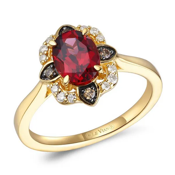 14k YG 1.5CTTW 1.35CT Raspberry Rhodolite & 0.16CT Nude & Chocolate Diamond Vintage Inspired Ring Vaughan's Jewelry Edenton, NC