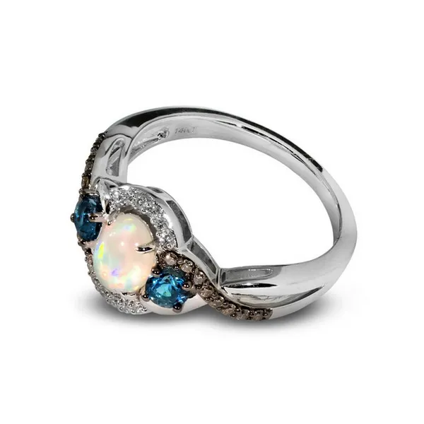 14k WG 0.97CTTW 0.45CT Neopolitan Opal, 0.34CT Deep Sea Blue Topaz, and 0.18CT Nude & Chocolate Diamond Twisted Shank Ring Vaughan's Jewelry Edenton, NC