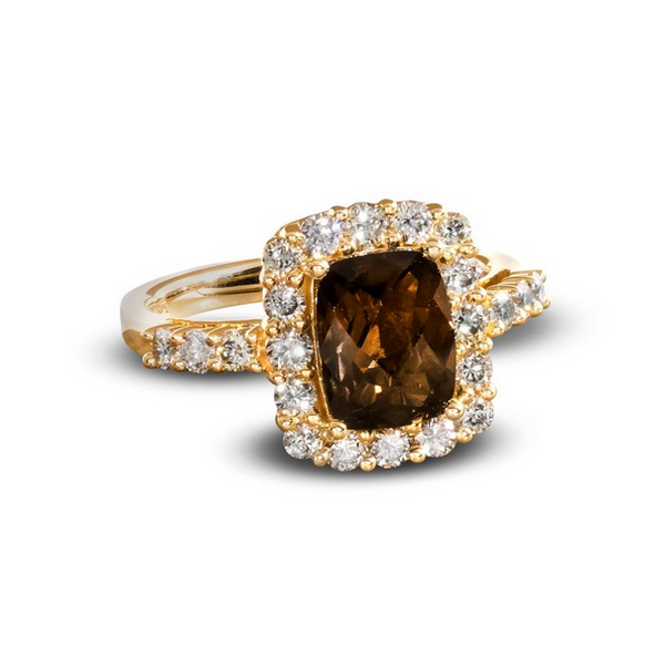 14k YG 2.81CTTW 1.9CT Chocolate Quartz & 0.91CT Nude Diamonds Halo Ring Vaughan's Jewelry Edenton, NC