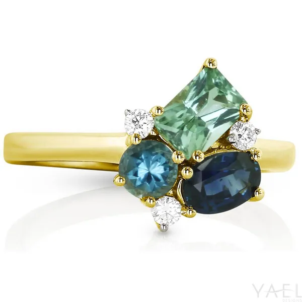 14k YG 1.72CTTW 0.73CT Green Tourmaline, 0.56CT Oval Blue Sapphire, 0.33CT Round Blue Topaz & 0.1CT Round Diamond Ring Image 2 Vaughan's Jewelry Edenton, NC