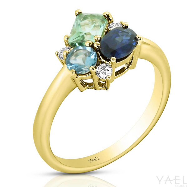 14k YG 1.72CTTW 0.73CT Green Tourmaline, 0.56CT Oval Blue Sapphire, 0.33CT Round Blue Topaz & 0.1CT Round Diamond Ring Vaughan's Jewelry Edenton, NC