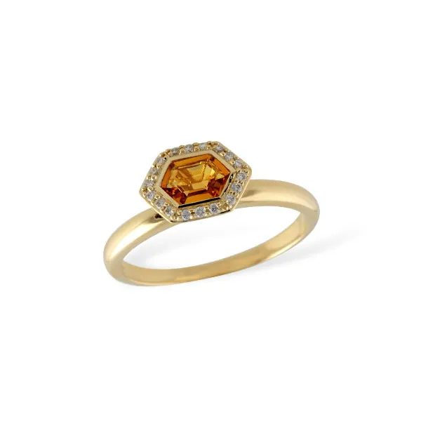 14k YG 0.45CTTW 0.38CT Citrine and Diamond Geometric Halo Ring Vaughan's Jewelry Edenton, NC