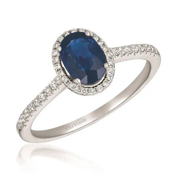 14k WG 0.87TGW 0.70ct Sapphire and Diamond Halo Ring Vaughan's Jewelry Edenton, NC