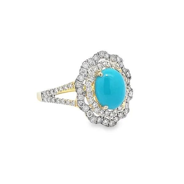 14k YG 2.48TGW 1.75ct Oval Turquoise and Diamond Halo Ring Vaughan's Jewelry Edenton, NC