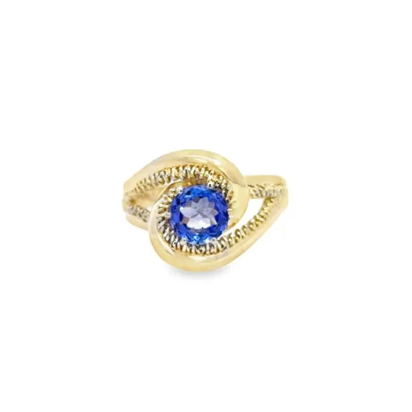 8.75, 14k YG Round Simulated Tanzanite Beaded Swirl Ring Vaughan's Jewelry Edenton, NC
