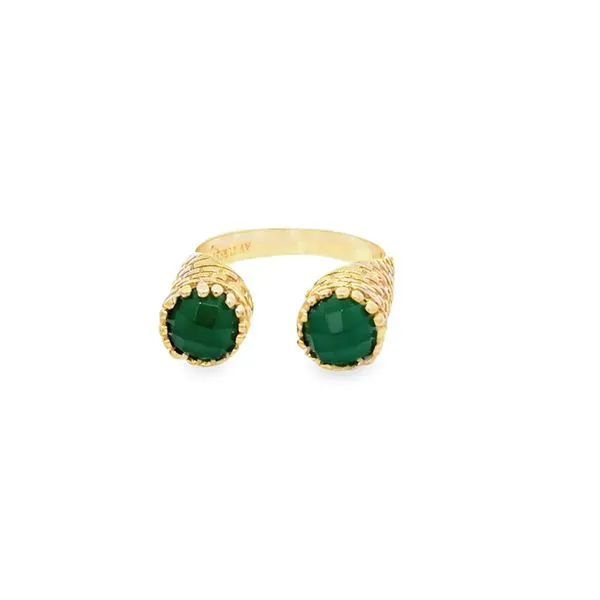 8, 14k YG Round Checkerboard Cut Synthetic Emerald Open Shank Ring Vaughan's Jewelry Edenton, NC
