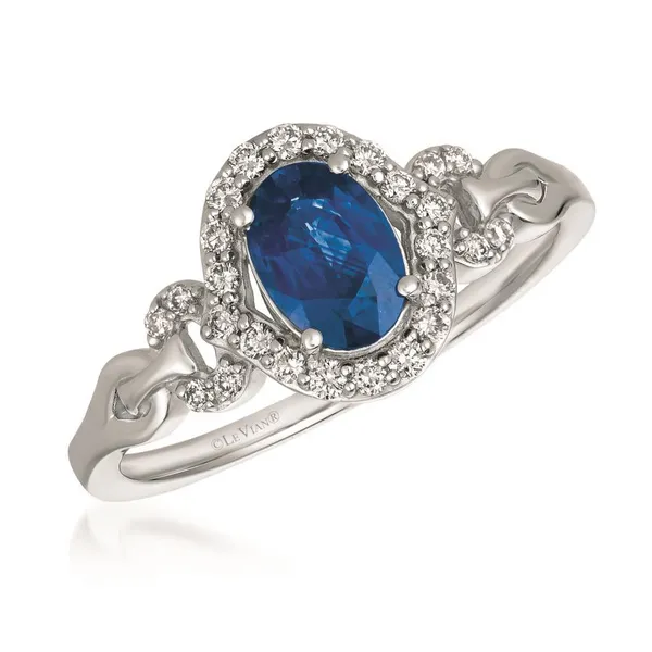 7, 14k WG 0.90CTTW 0.70CT Sapphire and Diamond Halo Split Shank Ring Vaughan's Jewelry Edenton, NC