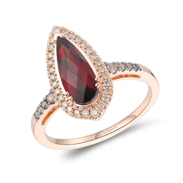 7, 14k RG 1.80CTTW 1.53CT Elongated Pear Garnet and Diamond Halo Ring Vaughan's Jewelry Edenton, NC