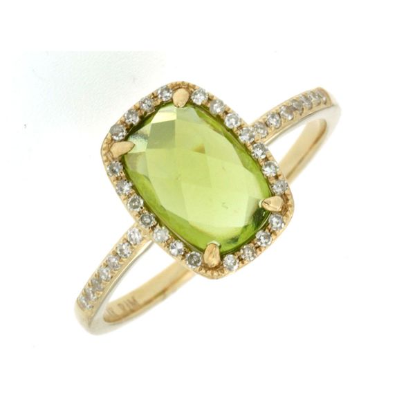 14k YG 2.14CTTW 2.0CT Peridot Faceted Emerald Cut & 0.14CTTW Dia Halo & Accented Ring Vaughan's Jewelry Edenton, NC