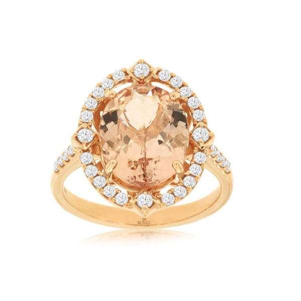 14k RG 4.33CTTW 4.0CT Oval Morganite & 0.33CTTW Dia Fancy Halo Accented Ring Vaughan's Jewelry Edenton, NC