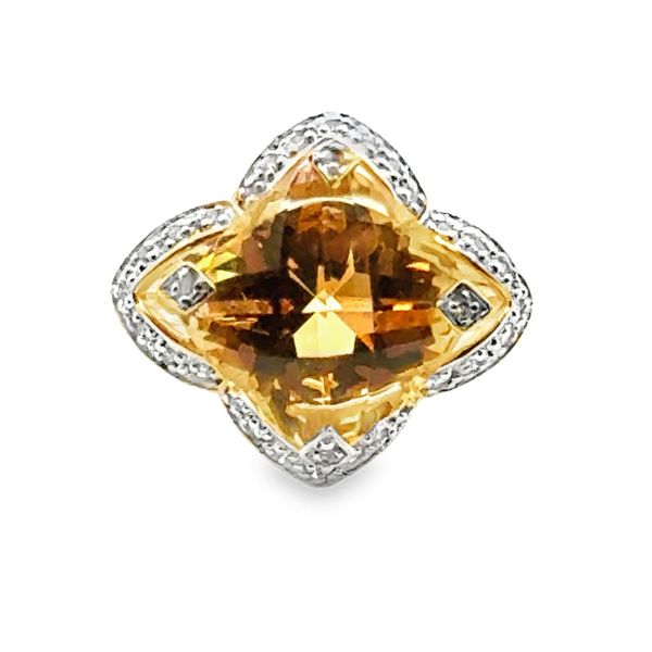 7.25, 14k YG 6.15CTTW 6.0CT Custom Cut Citrine w/ 0.15CTTW Dia Accents in WG Ring Vaughan's Jewelry Edenton, NC