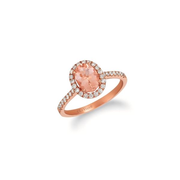 14k Strawberry Gold 0.87CT Peach Morganite Oval Ring with 0.33 Vanilla Diamond Halo and Accented Band Vaughan's Jewelry Edenton, NC